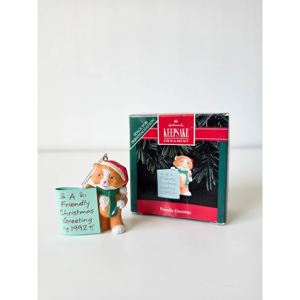 Vintage 1992 Hallmark Keepsake Ornament Friendly Greetings Cat QX504-1 Boxed